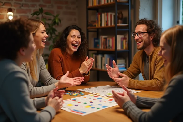 Groupe d'adultes jouant au jeu des 12 mois autour d'une table en bois avec des cartes colorées et une ambiance conviviale