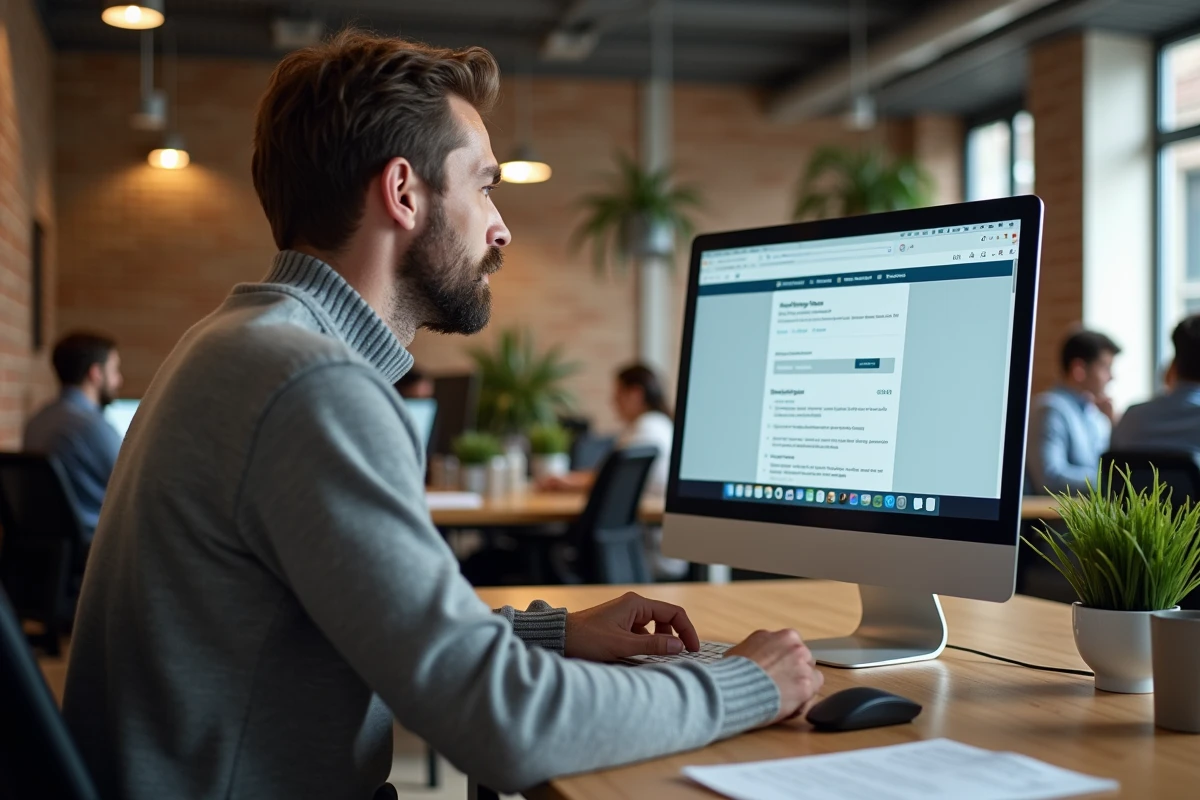 Homme d'affaires consultant un site de recherche d'emploi spécialisé dans un espace de coworking moderne