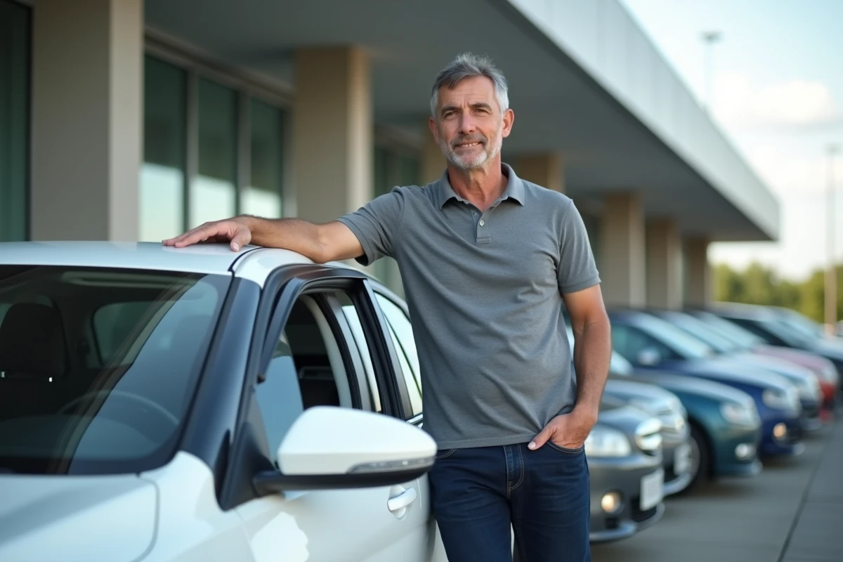 Homme examinant une petite voiture familiale de 90 chevaux dans un parking de concession automobile