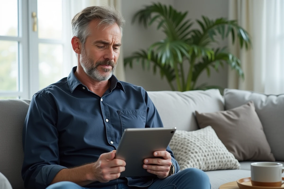 Homme consultant le plan d'un site immobilier sur une tablette dans un salon contemporain