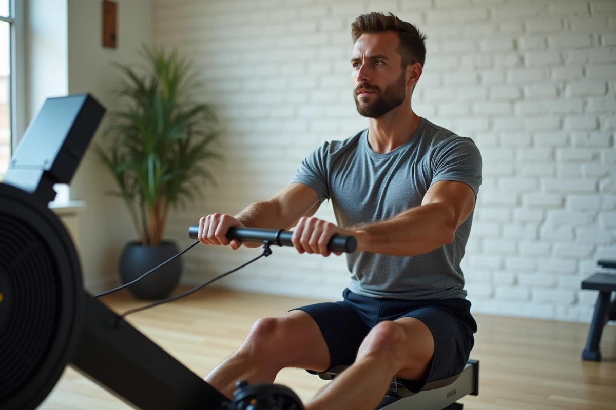 Homme utilisant un rameur Striale dans une salle de sport à domicile moderne