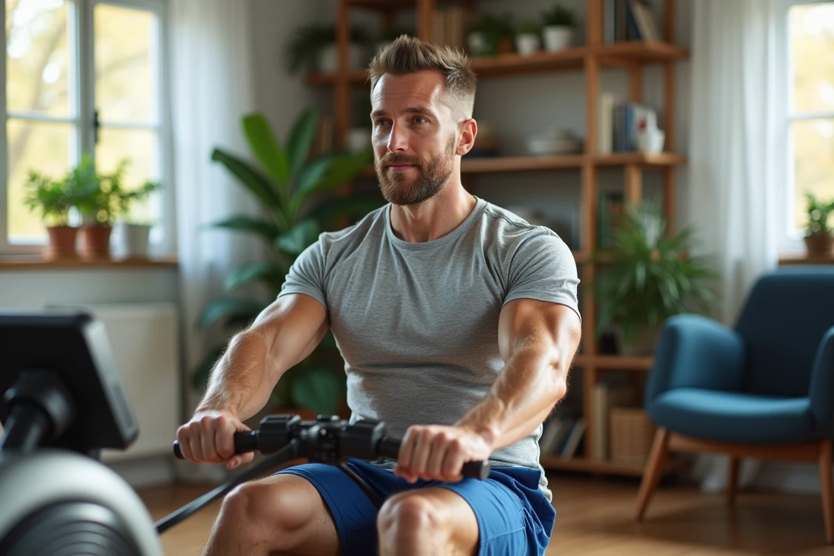 Homme en entraînement sur rameur dans une salle lumineuse