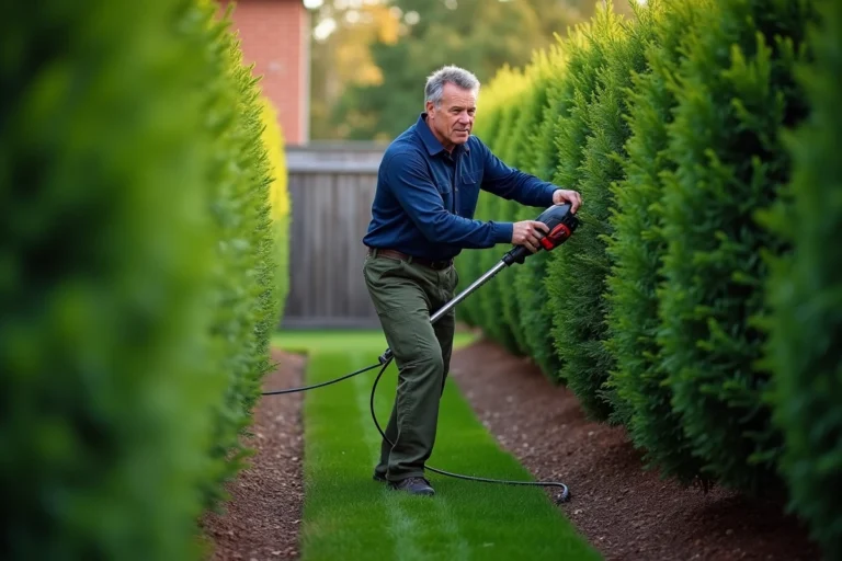 Homme utilisant un taille-haie électrique pour entretenir une rangée de thuyas dans un jardin bien entretenu