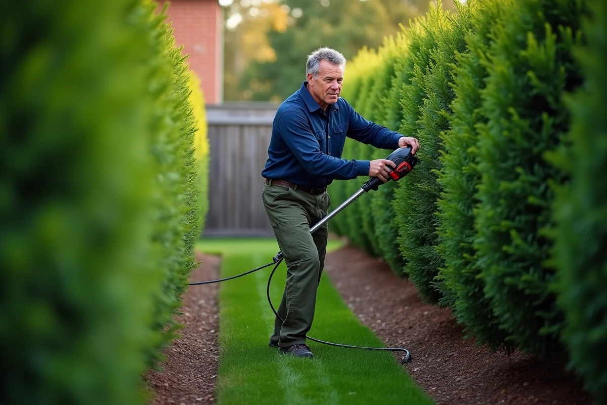 Homme utilisant un taille-haie électrique pour entretenir une rangée de thuyas dans un jardin bien entretenu