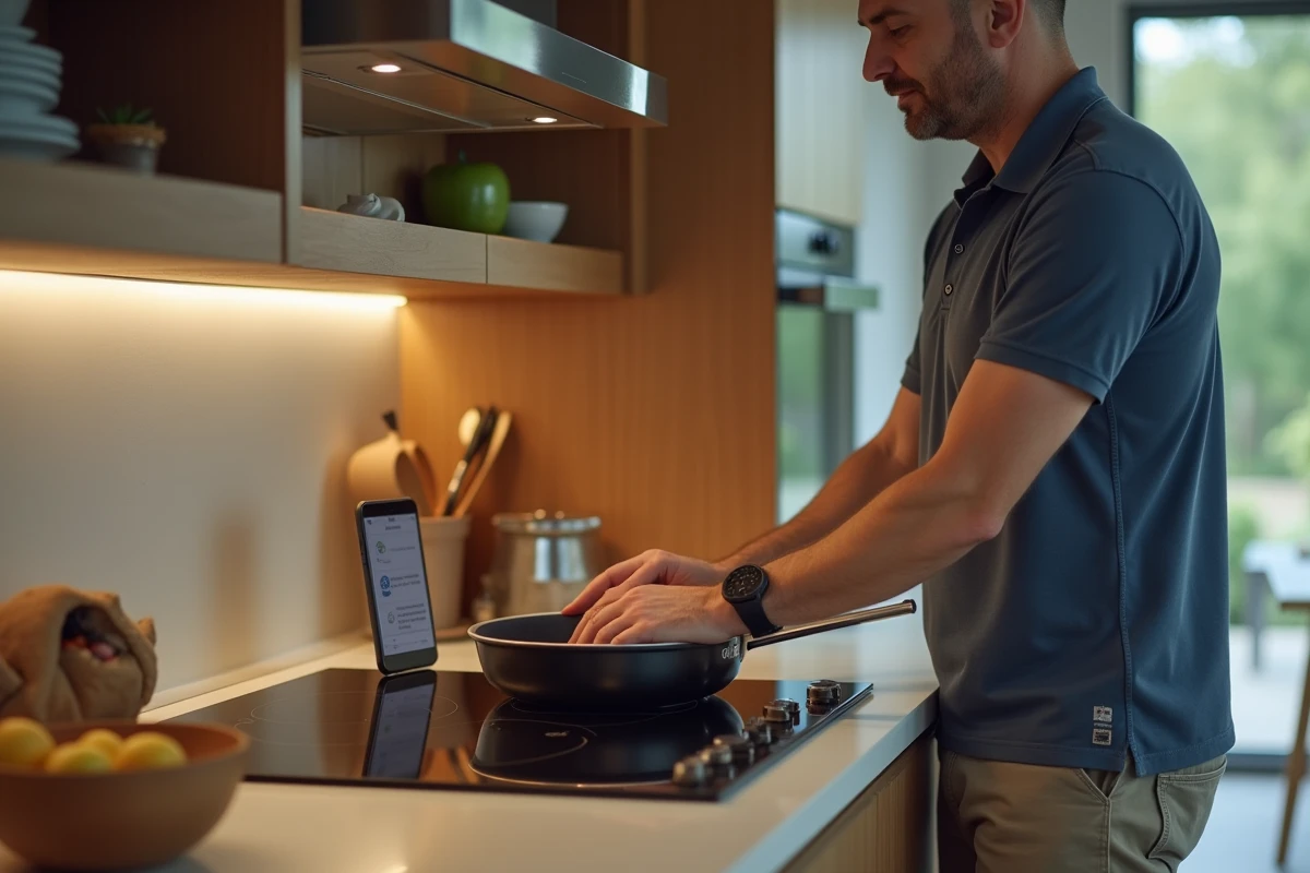 Homme utilisant la plaque de cuisson induction avec smartphone