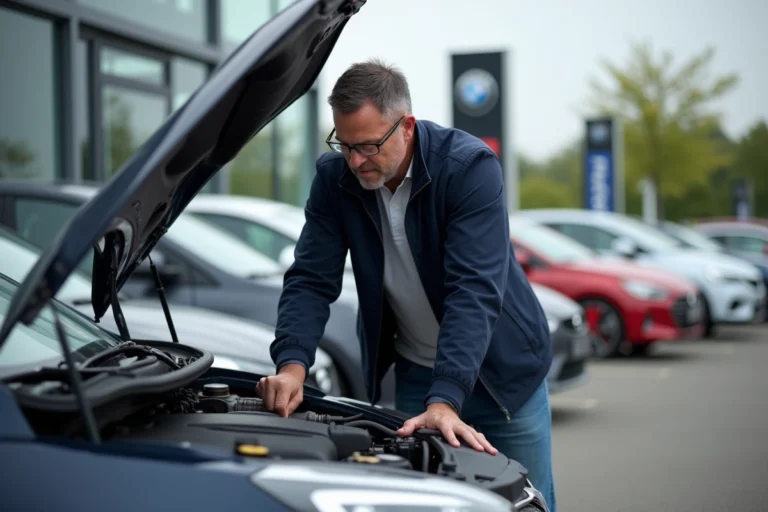 Homme inspectant le moteur d'une voiture d'occasion