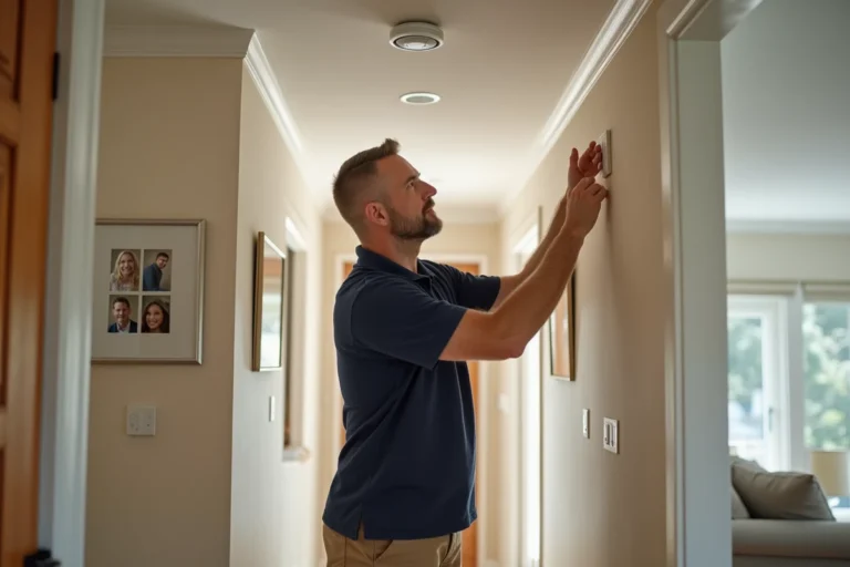 Propriétaire installant un détecteur de fumée connecté au plafond de son couloir pour protéger sa maison contre les incendies