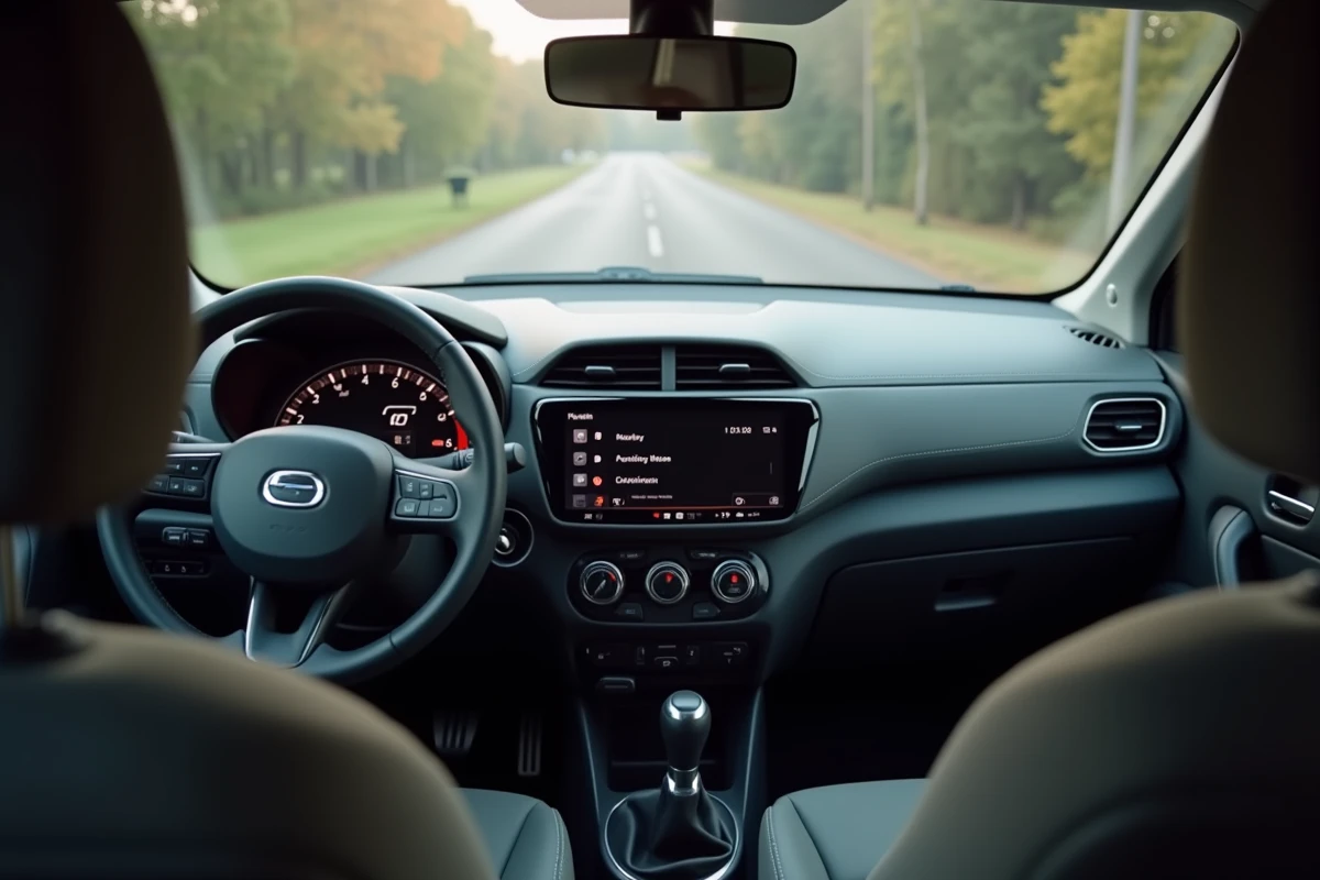 Intérieur et tableau de bord d'une voiture économique de 90 chevaux montrant le compte-tours et le compteur de vitesse