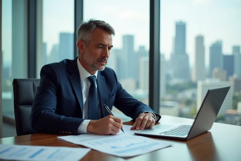 Homme en costume marine signant des documents d'investissement immobilier SCPI dans un bureau moderne avec vue sur la ville