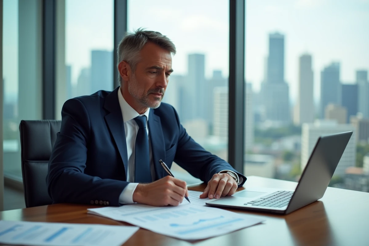 Homme en costume marine signant des documents d'investissement immobilier SCPI dans un bureau moderne avec vue sur la ville