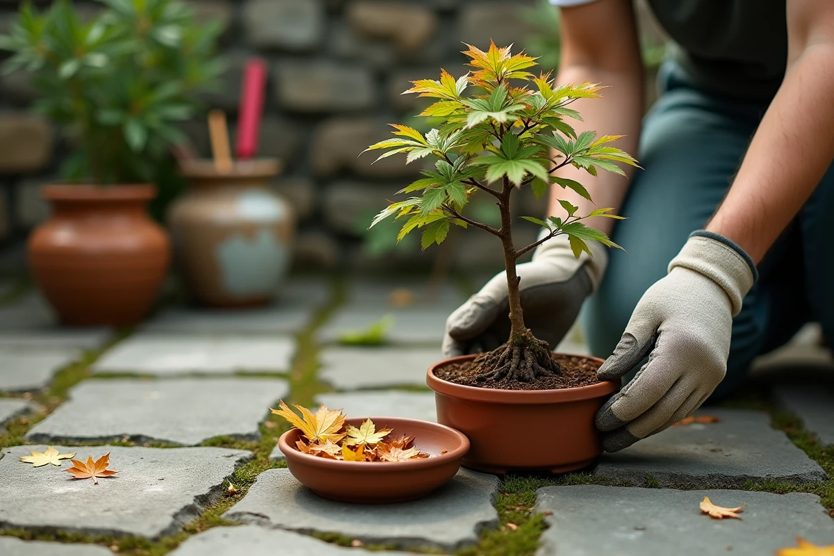 Jardinier examinant un érable du Japon en pot sur une terrasse en pierre pour diagnostiquer la perte de feuilles