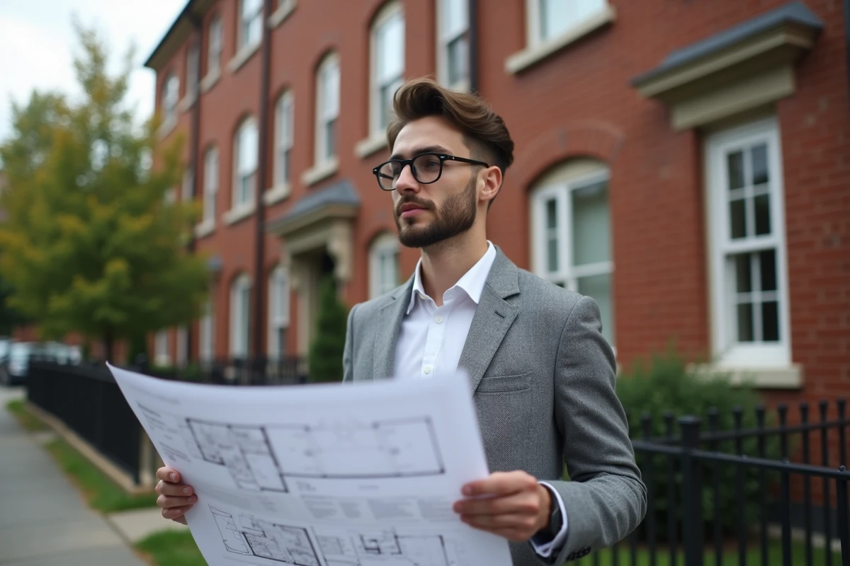 Jeune homme en costume examine des plans devant un immeuble