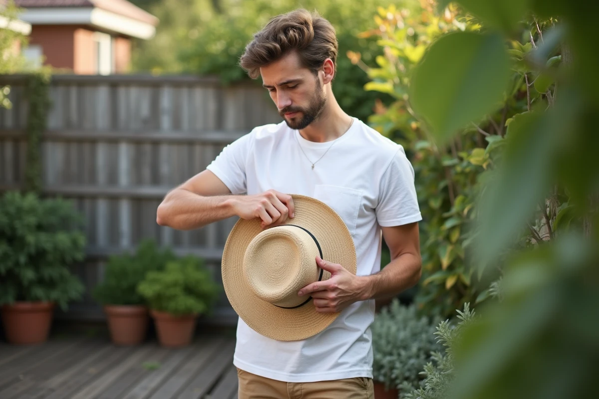 Jeune homme appliquant un spray sur un chapeau en paille