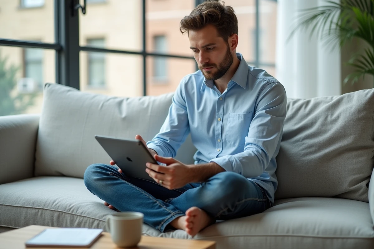 Jeune professionnel recherchant des offres d'emploi sur une application spécialisée via une tablette depuis chez lui