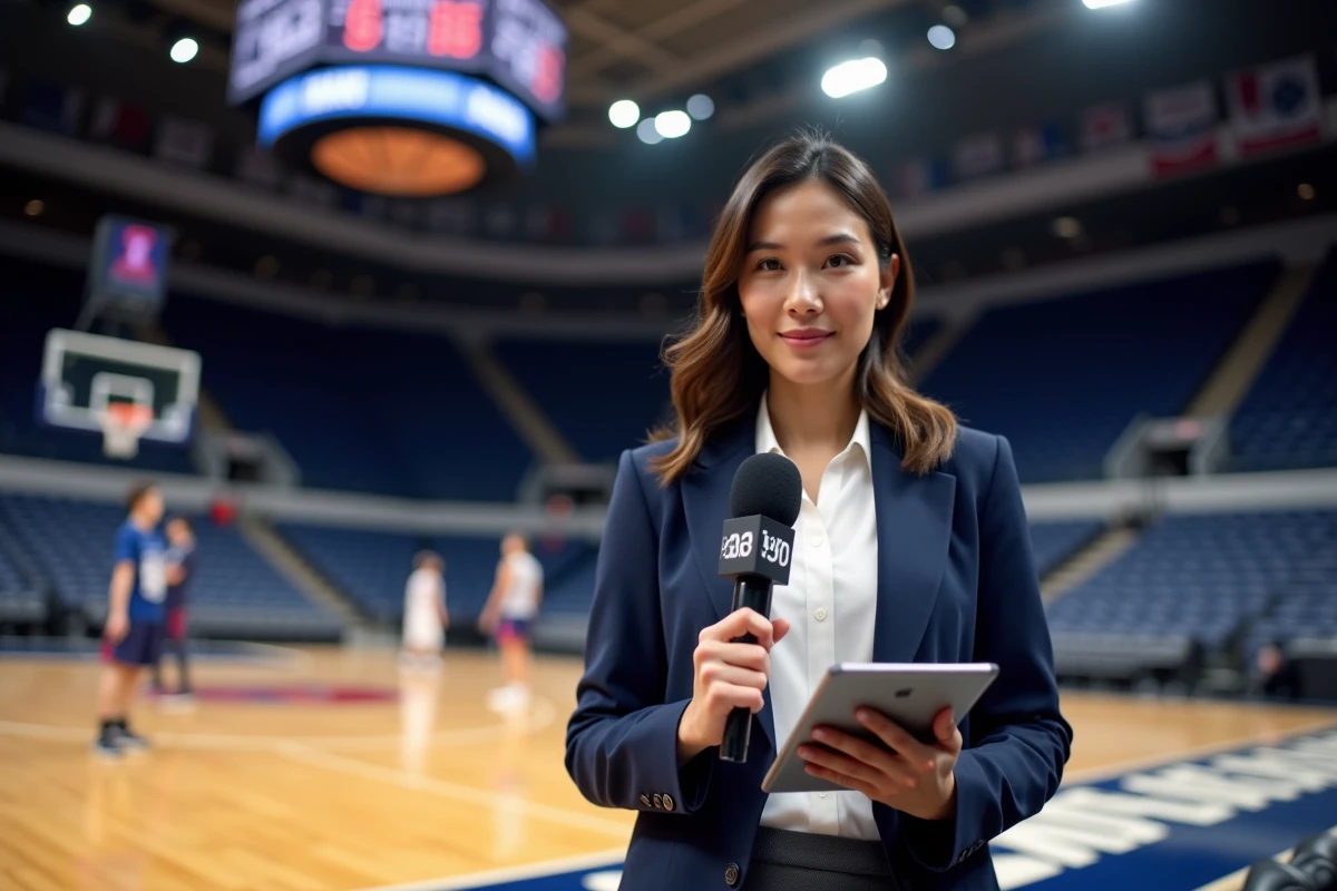 Journaliste sportive réalisant une interview en direct dans une salle de basketball professionnelle