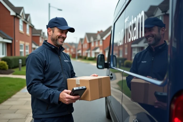 Livreur en uniforme scanne un colis devant une camionnette