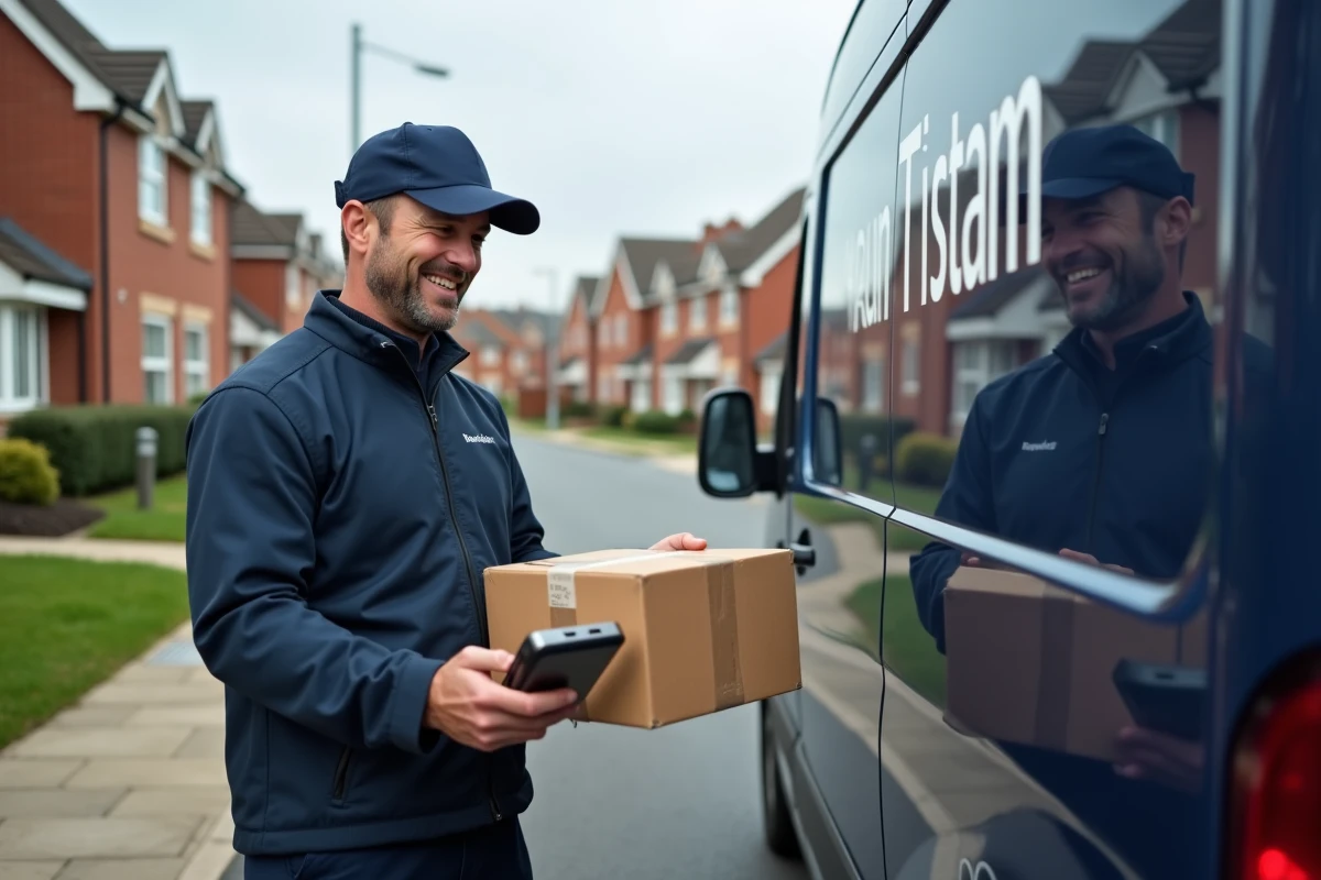 Livreur en uniforme scanne un colis devant une camionnette