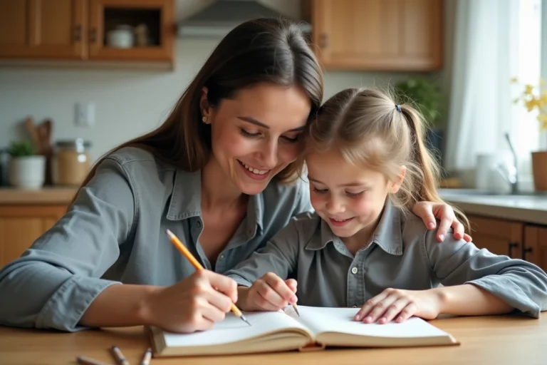 Mère aidant sa fille à faire ses devoirs à la table de la cuisine, scène du quotidien familial