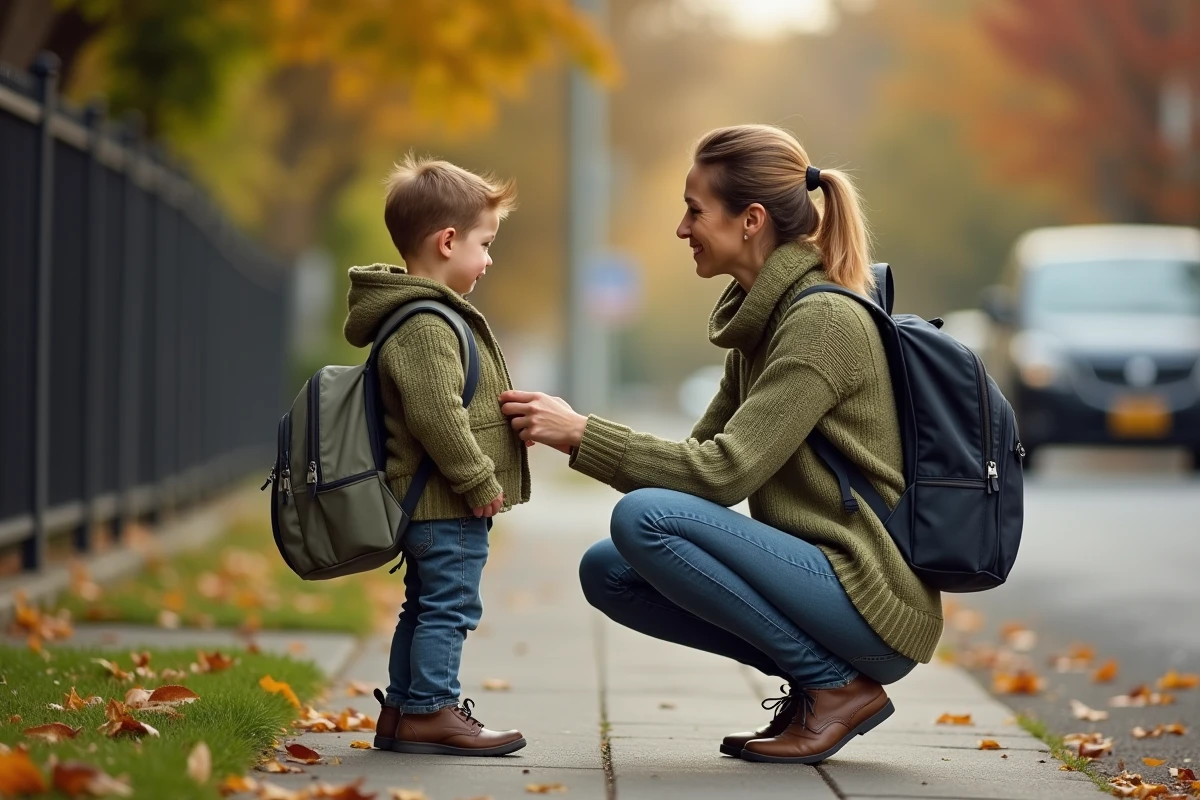 Mère habillant son enfant devant l'école le matin, geste du quotidien parental en automne
