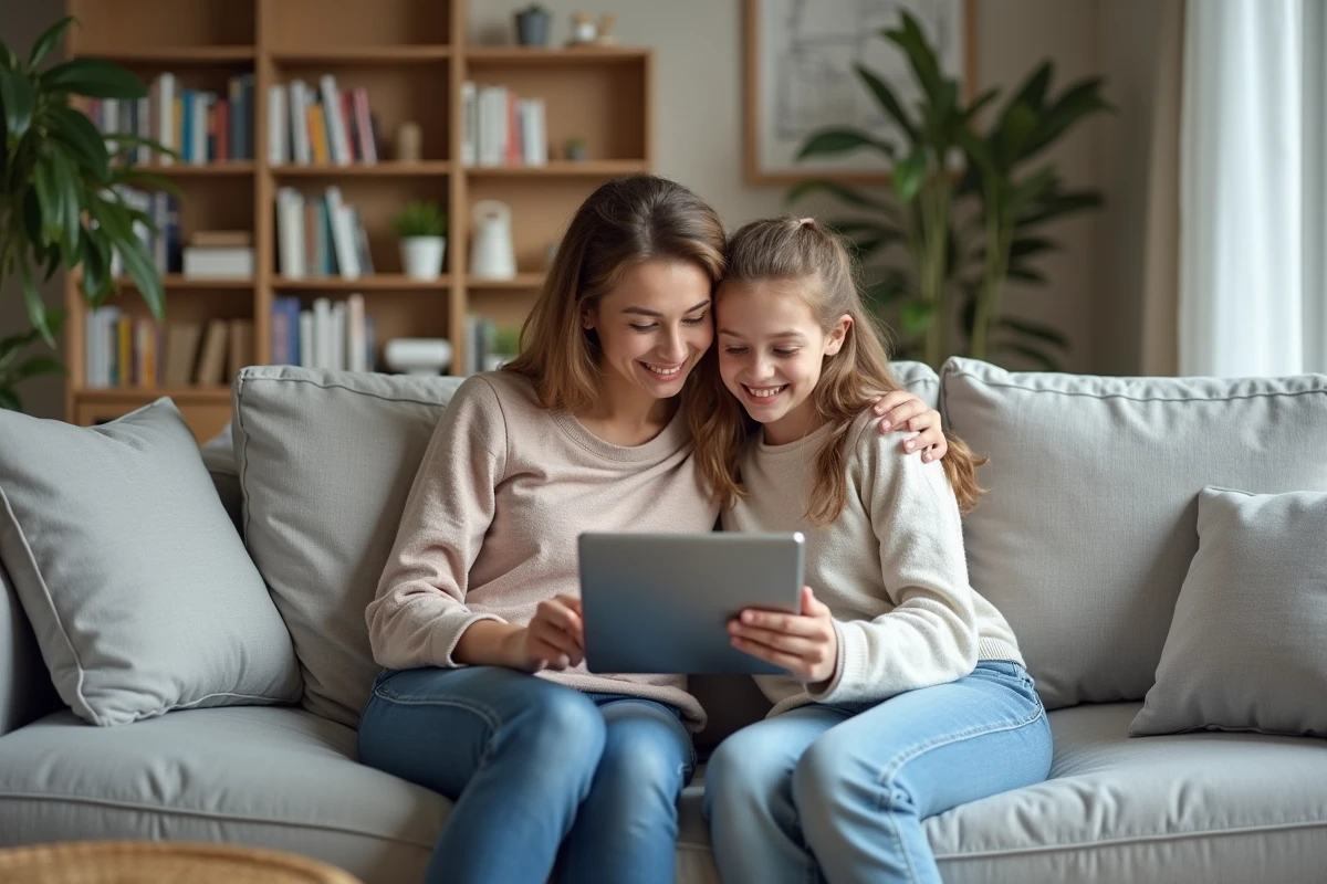 Mère et fille adolescente consultant une tablette ensemble dans un salon scandinave cosy