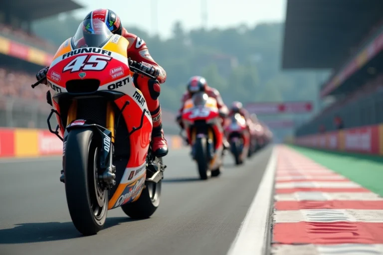 Moto MotoGP sur la grille de départ d'un circuit, vue en contre-plongée avec les tribunes en arrière-plan flou
