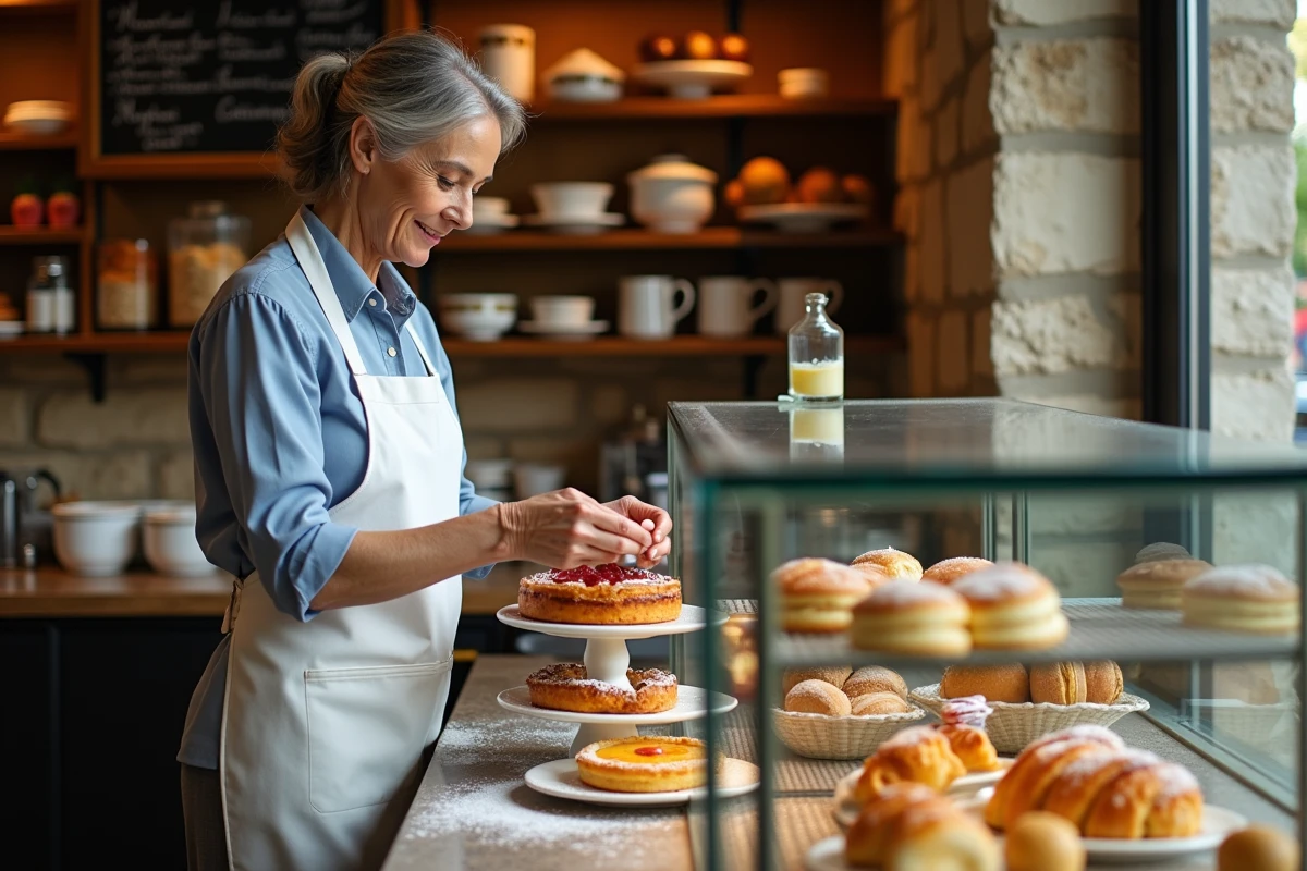Pâtissière en tablier blanc disposant une tarte tatin dans la vitrine d'une boulangerie française au décor en pierre