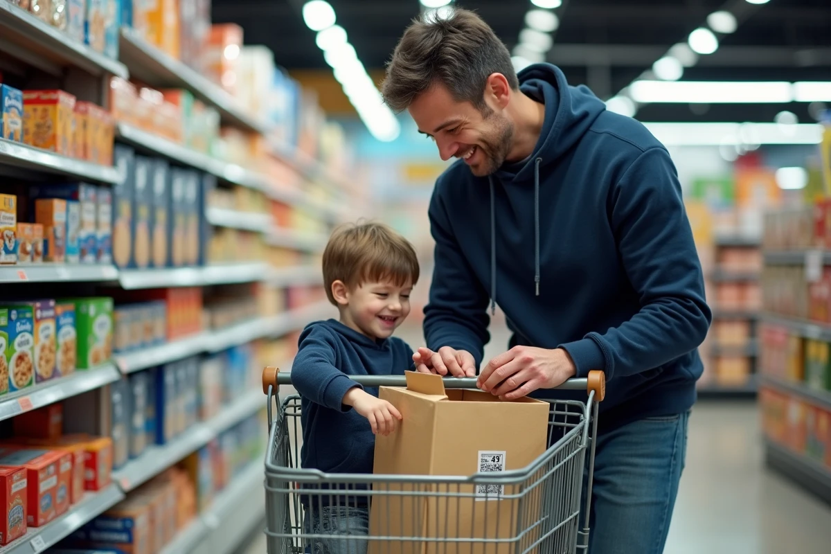Père et fils faisant les courses ensemble au supermarché, moment complice du quotidien des parents