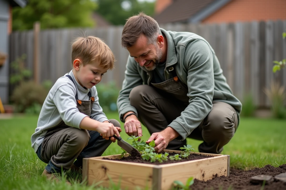 Père et fils jardinent ensemble dans un potager extérieur d'une maison de banlieue