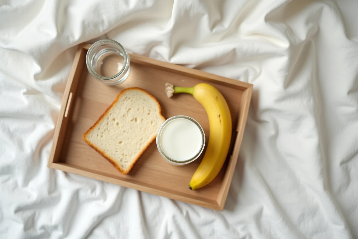 Plateau repas doux et facile à digérer après une coloscopie avec yaourt, banane et pain grillé