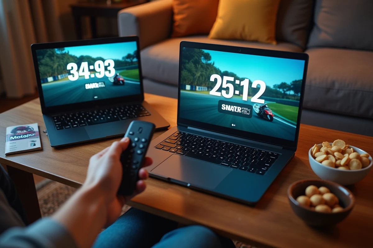 Écrans de télévision et ordinateur affichant le compte à rebours du Grand Prix MotoGP dans un salon