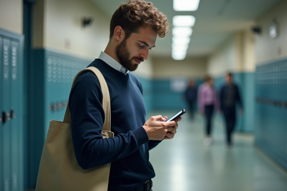 Remplaçant scolaire consultant ses emails de la messagerie PIA Amiens sur smartphone dans un couloir d'établissement scolaire