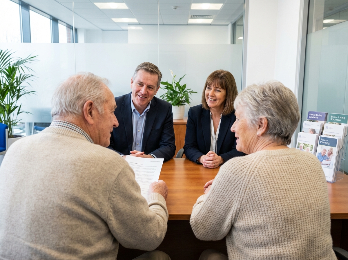 Consultation entre un couple senior et des conseillers en bureau moderne