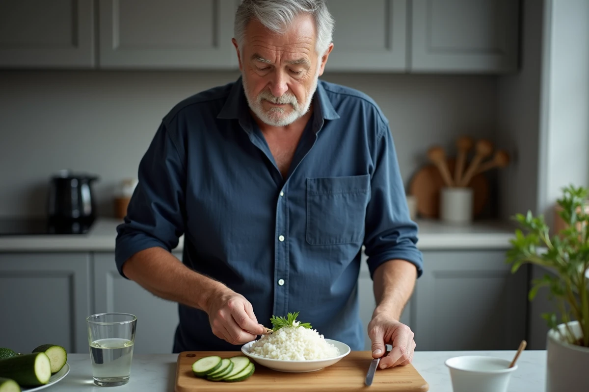 Homme préparant un repas léger de riz blanc et courgettes vapeur adapté à la récupération post-coloscopie