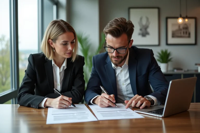 Femme et homme d'affaires discutant de documents immobiliers