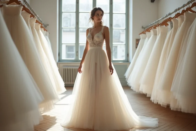 Robe de mariée moderne en tulle ivoire dans un atelier parisien, vue en pied avec détail des couches superposées de tulle