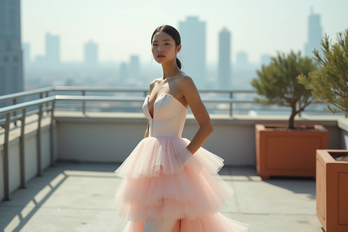 Robe de mariée en tulle asymétrique blush et blanc portée sur un rooftop urbain, style éditorial moderne et élégant