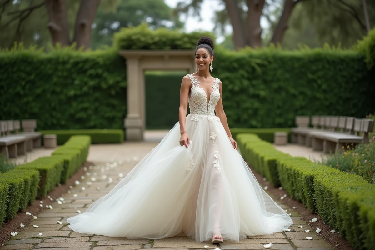 Mariée en robe de tulle volumineuse marchant dans un jardin botanique, détail des appliqués floraux et du mouvement de la jupe