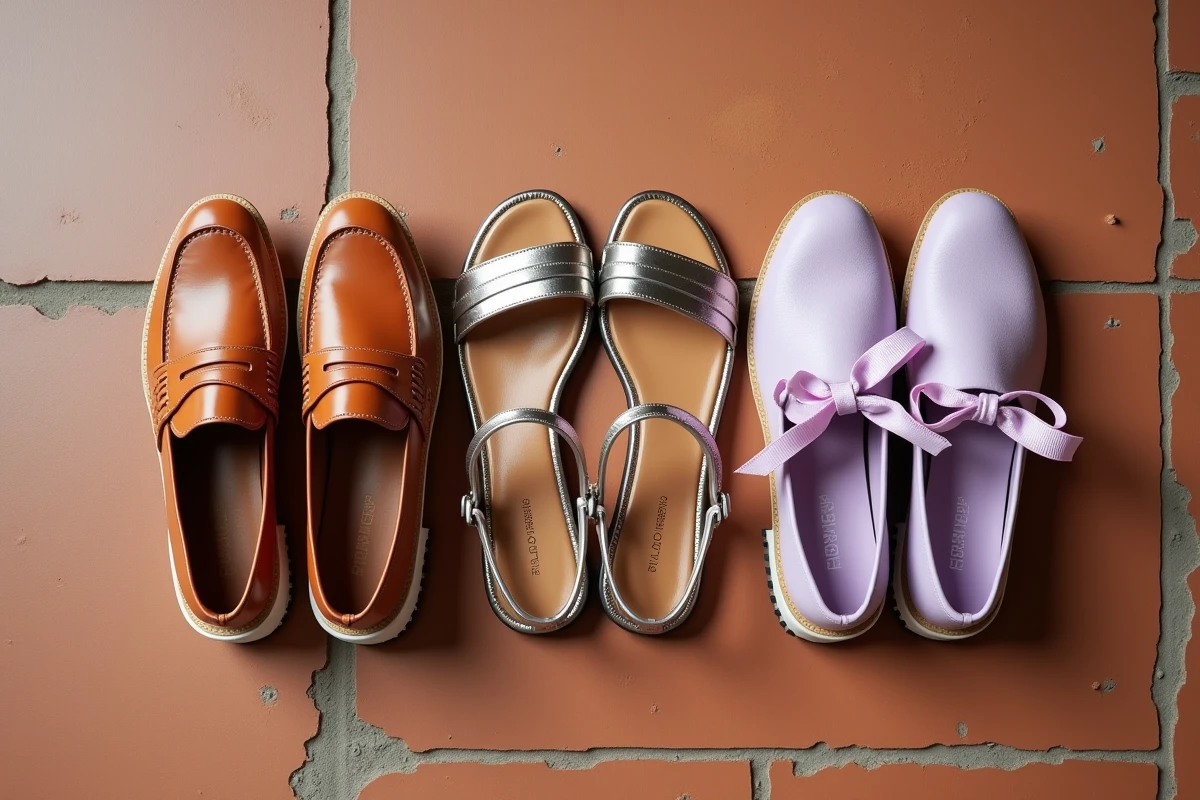 Sélection de chaussures tendance saison : mocassins cognac, sandales argentées et ballerines lilas en flat-lay