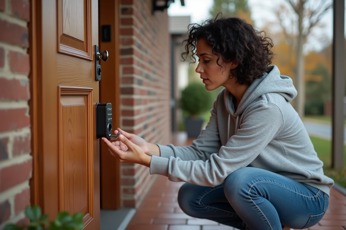 Femme inspectant une serrure connectée à clavier numérique sur une porte d'entrée en bois pour sécuriser son domicile