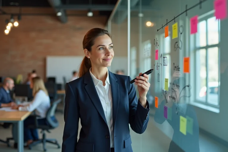 Femme d'affaires présentant une stratégie innovante sur un tableau blanc dans un bureau moderne de startup