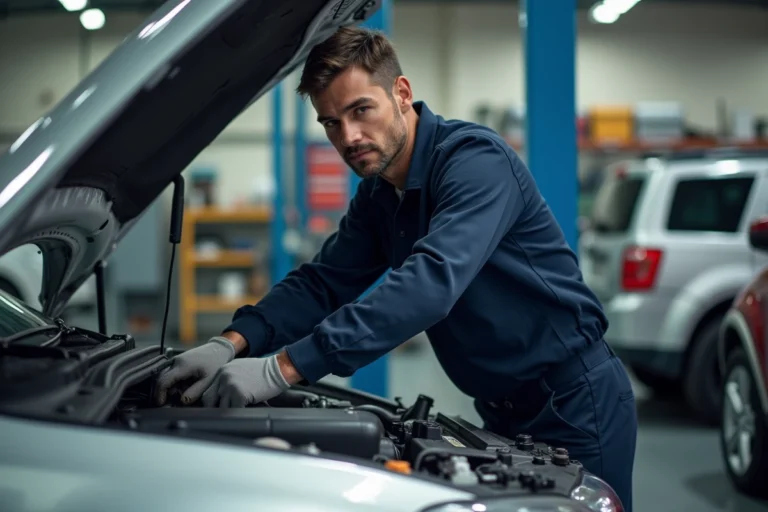 Technicien automobile professionnel effectuant une révision moteur dans un garage moderne et bien équipé